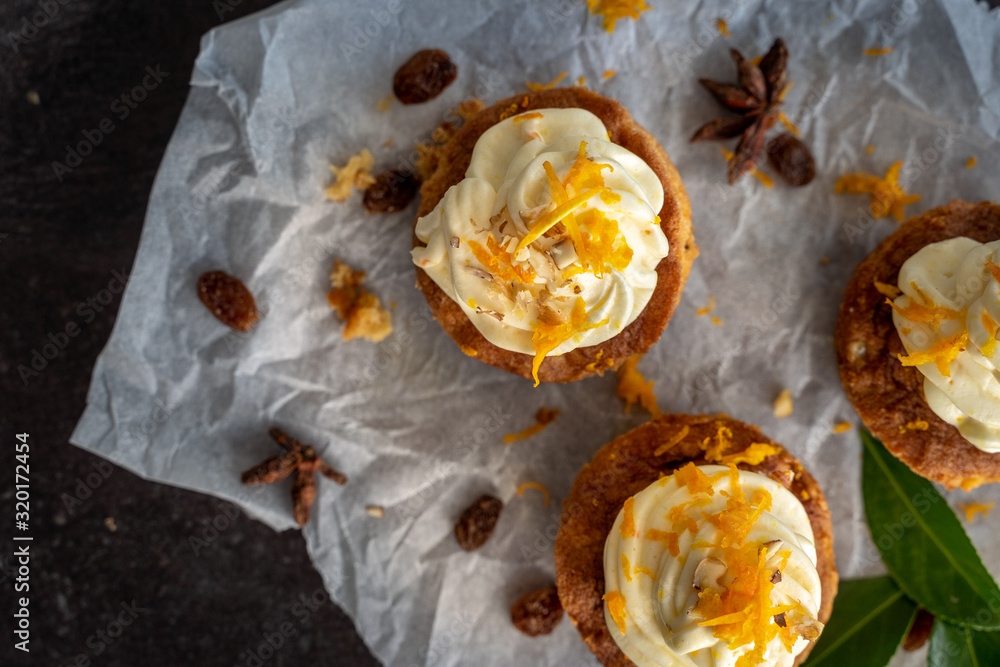 carrot cake cupcake bite size dessert snack homemade baked dessert cream orange peel decoration board composition cafe bistro