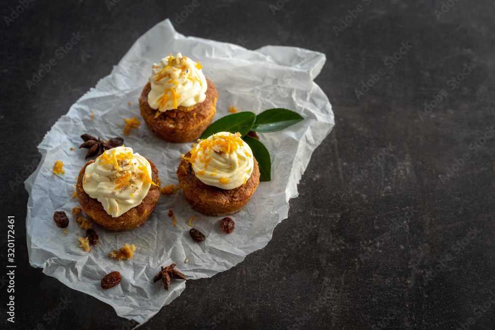 carrot cake cupcake bite size dessert snack homemade baked dessert cream orange peel decoration board composition cafe bistro