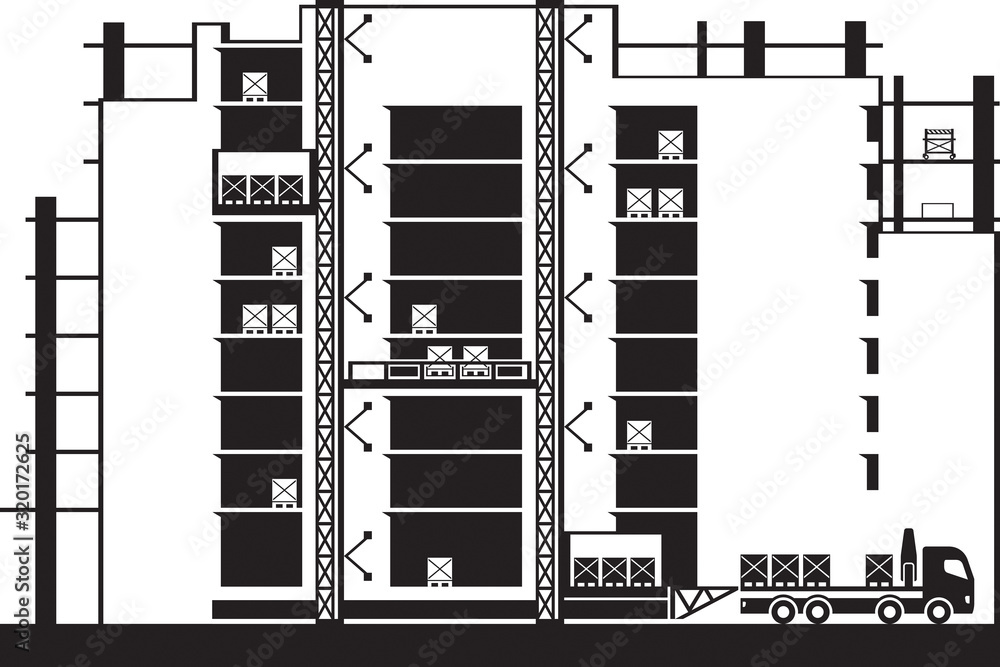 Obraz premium Lifting of construction materials to floors of building by hoist - vector illustration
