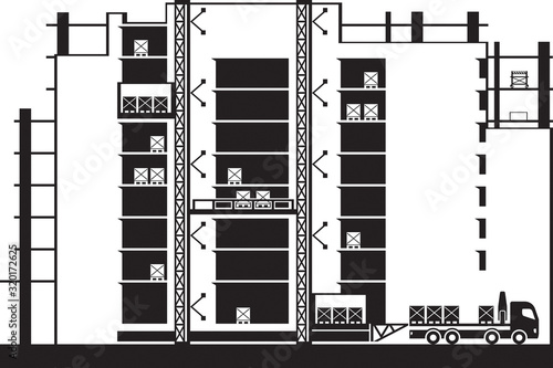 Lifting of construction materials to floors of building by hoist - vector illustration
