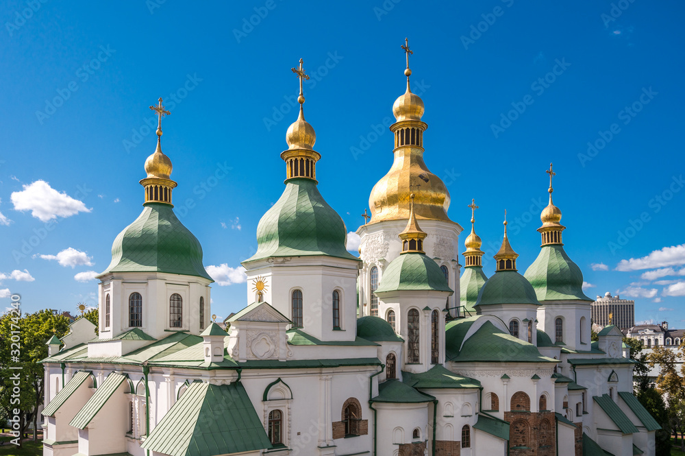 Saint Sophia Cathedral (Sobor) architectural monument of Kievan Rus in Kiev (Kyiv), Ukraine seen from the bell tower