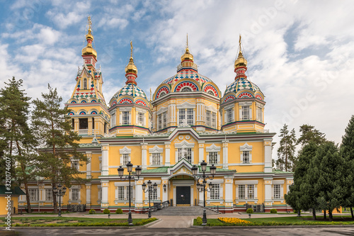 Colourful wooden Zenkov (The Ascension) Cathedral in Panfilov Park in Almaty (Alma-Ata), Kazakhstan