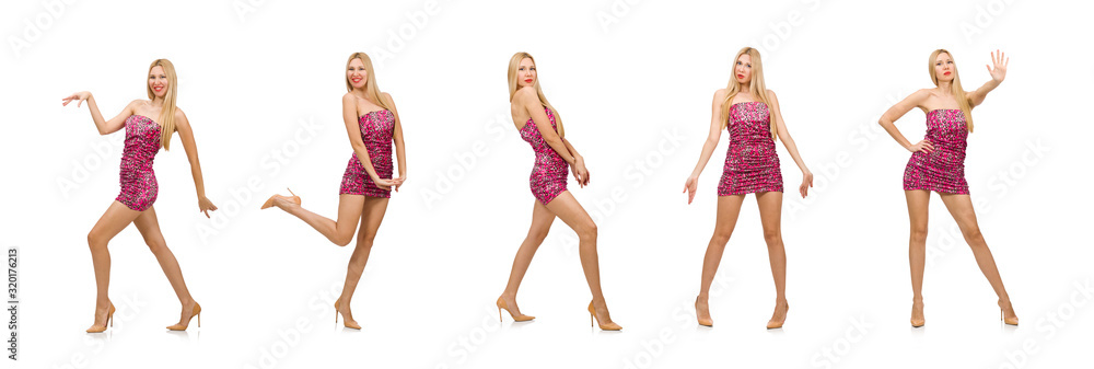 Fototapeta premium Young woman in strapless dress isolated on white