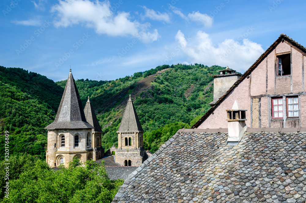 medieval village Conques sunny day in the region of occitania