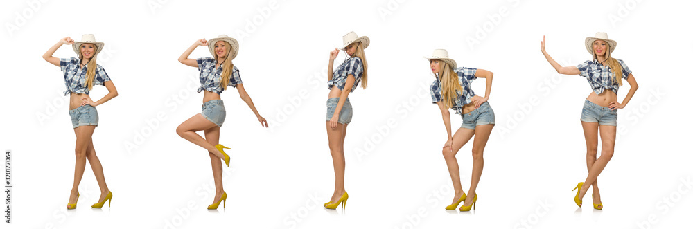 Woman wearing cowboy hat isolated on white Woman wearing cowboy hat isolated on white