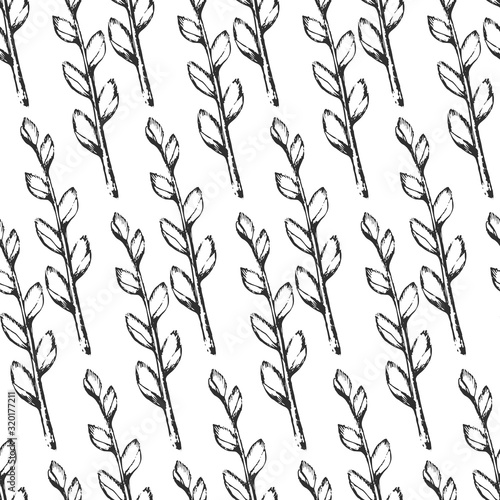 Seamless Easter pattern  willow. For packaging  fabric  Wallpaper. Hand-drawn  white background. 