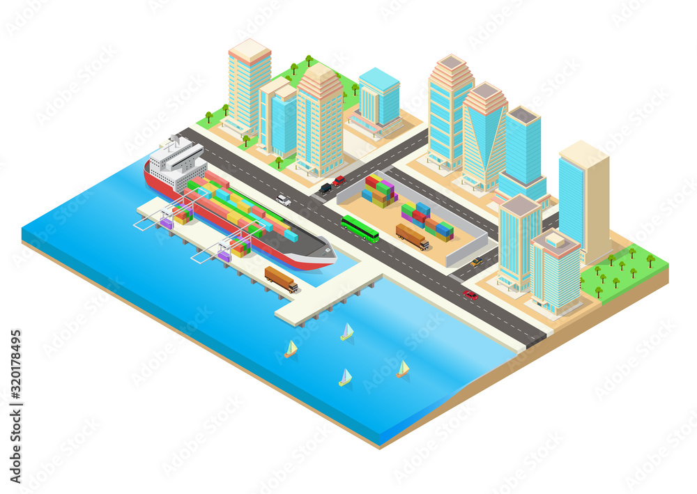 vector isometric illustration of a city beside the seaside and harbor