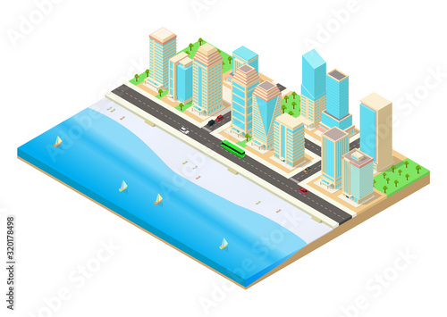vector isometric illustration of a city beside the seaside