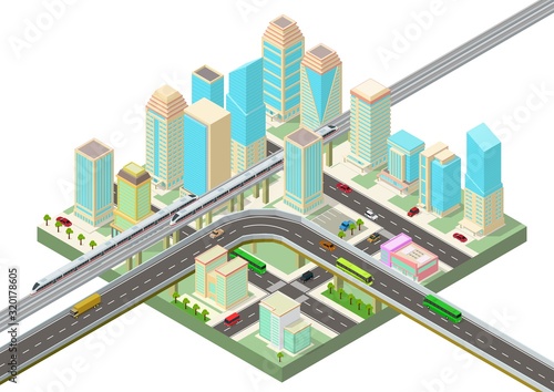 isometric Smart city with skyscrapers, highway and transport