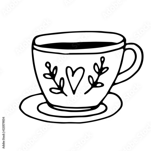 A small coffee cup with leaves in vector is suitable for social network icons, logos, cards, prints, design and any design