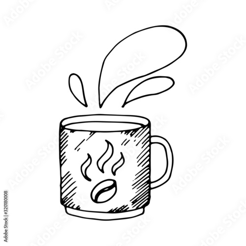 A small coffee cup with a print in the form of coffee beans and steam on top in vector is suitable for social network icons, logos, cards, prints, design and any design