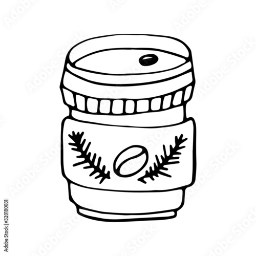 Cute coffee paper cup with a print in the form of coffee beans and twigs and steam on top in vector suitable for social network icons, logos, postcards, prints, design and any design