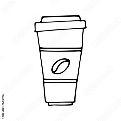 Cute coffee paper cup with a print in the form of coffee beans and steam on top in vector is suitable for social network icons, logos, cards, prints, design and any design