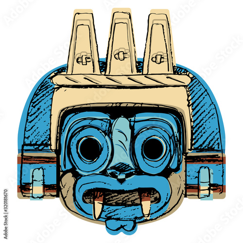 Isolated vector illustration. Aztec mask of god of rain Tlaloc. Pre-Columbian Native American Mexican art. Hand drawn rough colorful sketch. photo