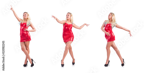 Blondie in red sparkling mini dress isolated on white