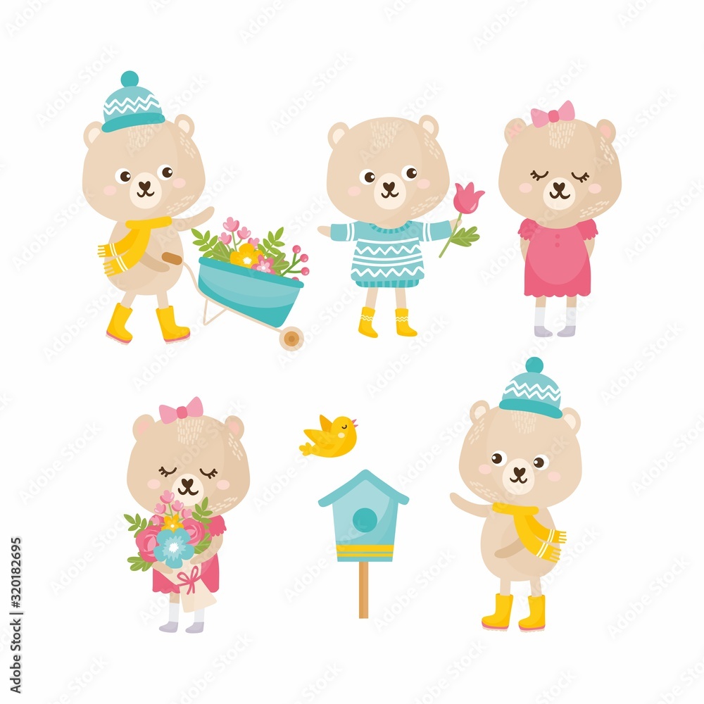 Cute animals collection. bear with a garden wheelbarrow, gives spring flowers bouquet, teddy bear with birdhouse, floral bouquet. Animals rejoices in spring. Cute animals collection. bear with a garden wheelbarrow, gives spring flowers bouquet, teddy bear with birdhouse, floral bouquet. Animals rejoices in spring.