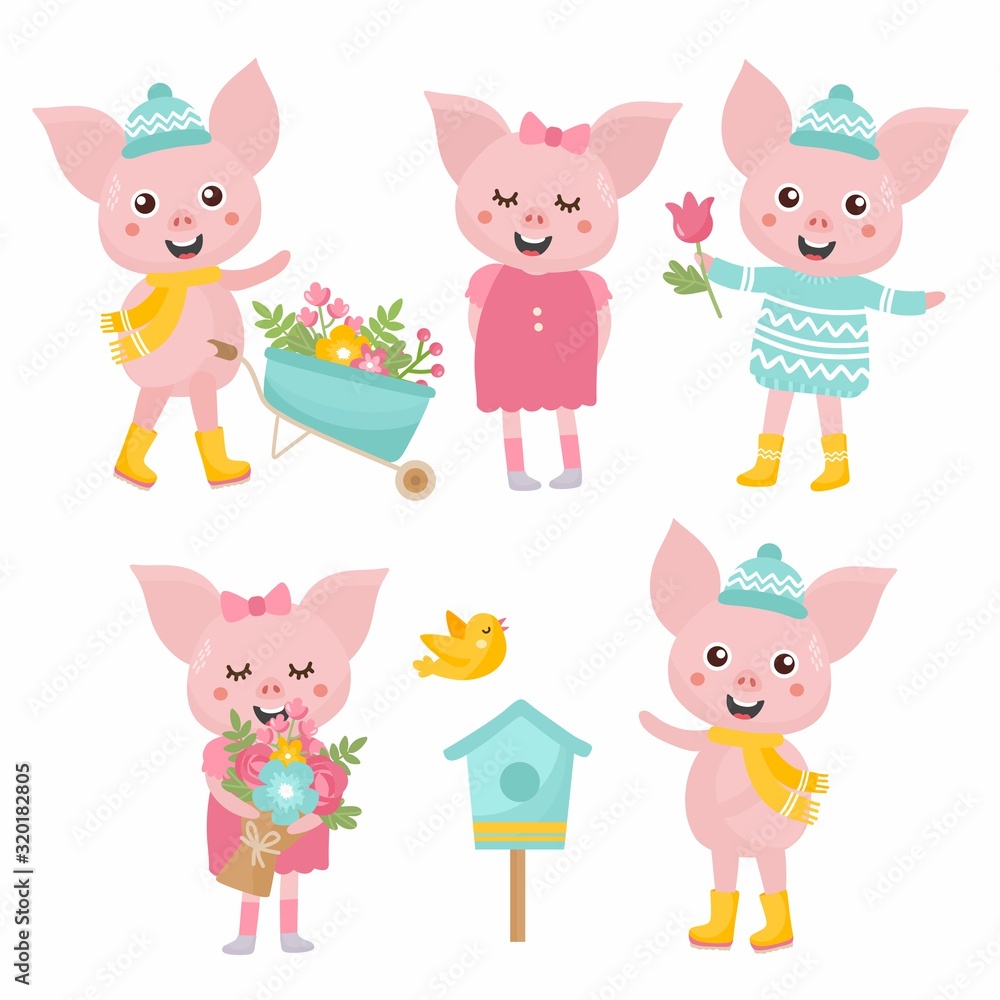 Cute animals collection. Piglet with a garden wheelbarrow, gives spring flowers bouquet, piglet with bird house, floral bouquet. Animals rejoices in spring. Cute animals collection. Piglet with a garden wheelbarrow, gives spring flowers bouquet, piglet with bird house, floral bouquet. Animals rejoices in spring.