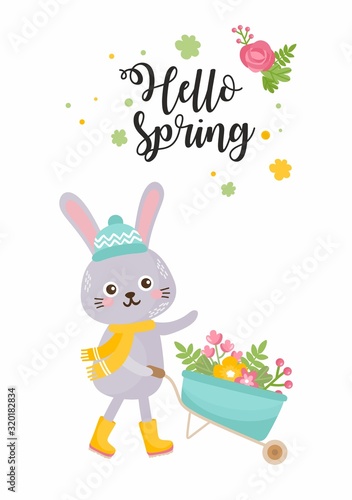 Welcome Spring greeting card. ute Rabbit with a garden wheelbarrow. rabbit rejoices in spring. Cute childish illustration.