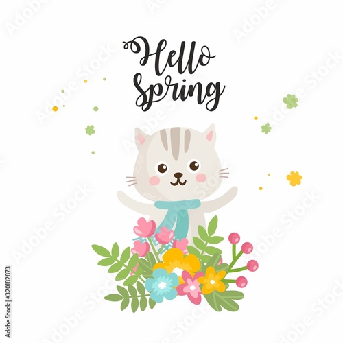 Welcome Spring greeting card. Cute cat with spring flowers bouquet. Cat rejoices in spring. Cute childish illustration.