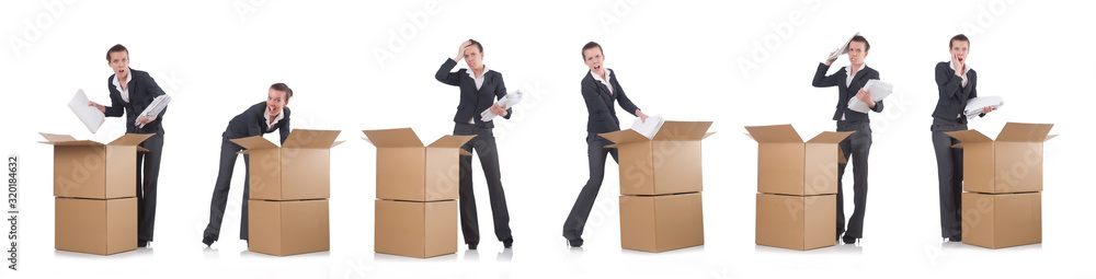 Woman businesswoman with boxes on white Woman businesswoman with boxes on white