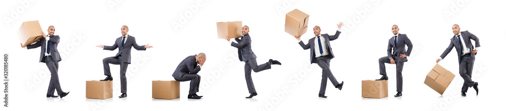 Businessman with box isolated on the white Businessman with box isolated on the white