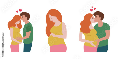 Happy loving young couple waiting for a baby. Pregnant young beautiful woman. Vector illustration