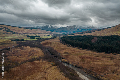 Aerial View over Scottish Highlands at Winter