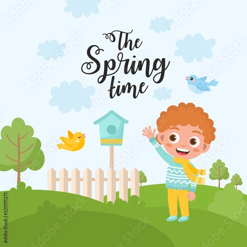 Spring nature landscape. hild rejoices in spring. Sunny day with blue sky  green meadow and birdhouse. The Spring Time message.