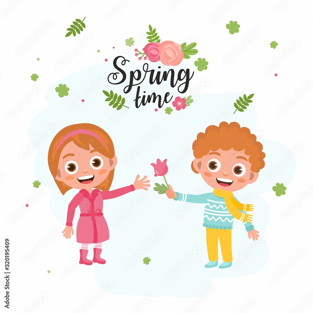 Spring Time greeting card. hild gives spring flowers bouquet. Kids rejoices in spring. Cute childish illustration.