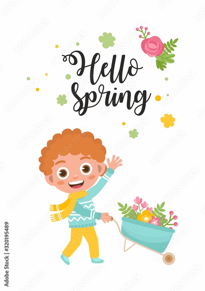 Hello Spring greeting card. Kid with spring flowers bouquet. Little boy with a garden wheelbarrow. Cute childish illustration. Hello Spring greeting card. Kid with spring flowers bouquet. Little boy with a garden wheelbarrow. Cute childish illustration.