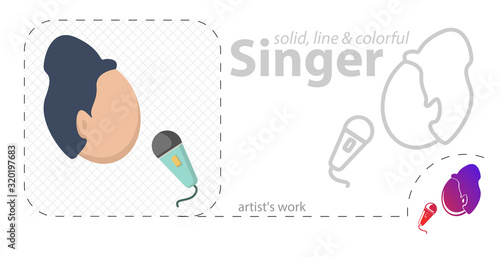 singer icon. Man with microphone vector flat illustration, solid, line icon