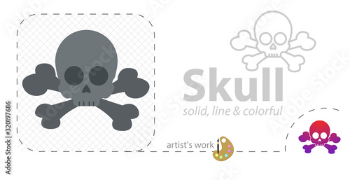 skull vector flat illustration, solid, line icon