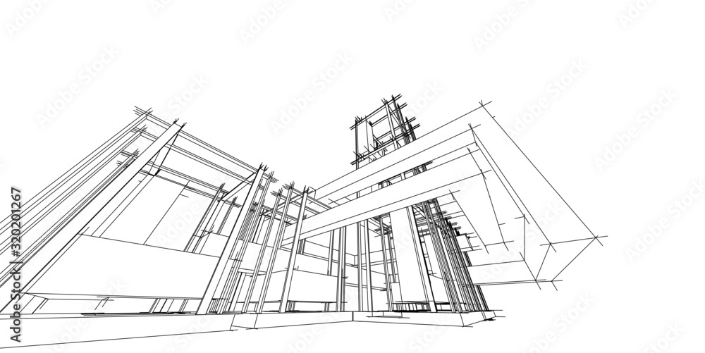 Modern architectural structure, Abstract perspective architectural sketch drawing.