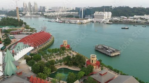 4k aerial video of Resorts World Sentosa on Sentosa Island during morning