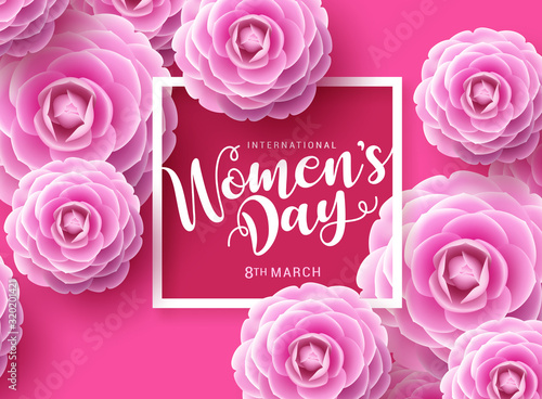 Women s day vector concept design. Womens day greeting text with white frame and pink camellia flowers background for international celebration for woman. 