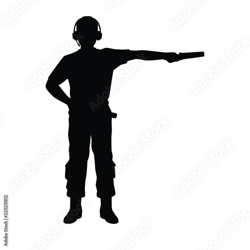 Aviation Marshaller silhouette vector / Supervisor meets passenger airplane at the airport. Ground Crew in the signal vest.