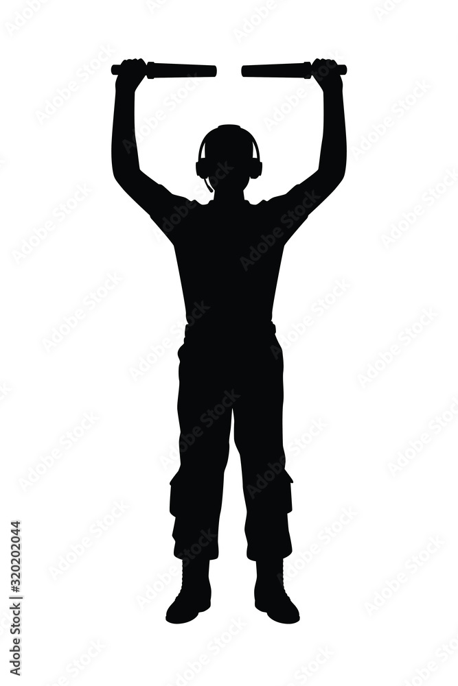 Φωτογραφία Aviation Marshaller silhouette vector / Supervisor meets passenger airplane at the airport