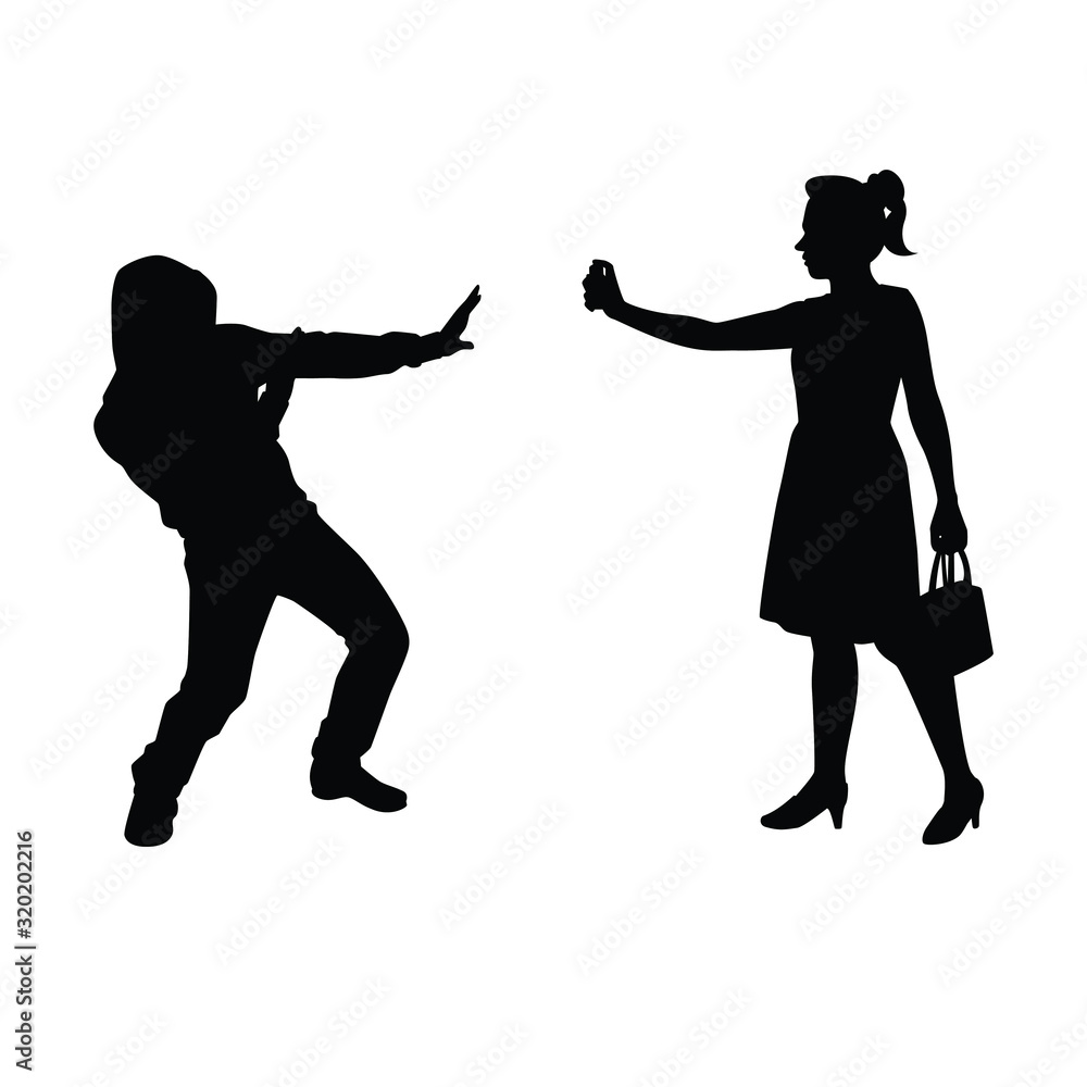 Woman character protected herself from robbers silhouette vector. Vector flat cartoon illustration Woman character protected herself from robbers silhouette vector. Vector flat cartoon illustration