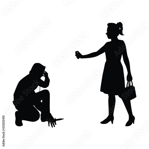 Woman character protected herself from robbers silhouette vector. Vector flat cartoon illustration