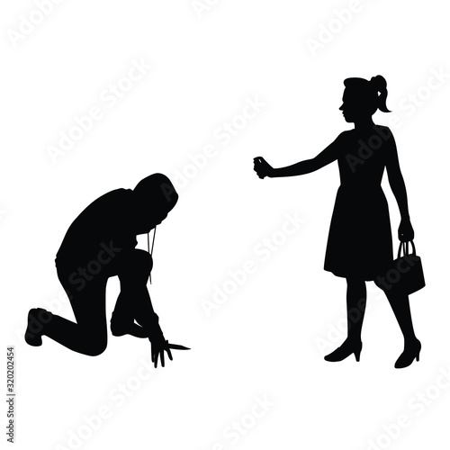 Woman character protected herself from robbers silhouette vector. Vector flat cartoon illustration