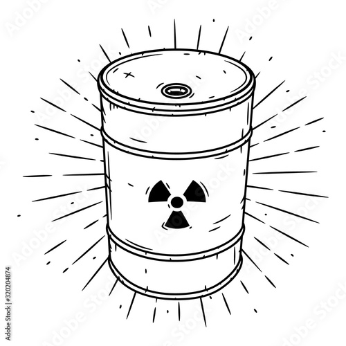 Barrel with radioactive waste. Hand drawn vector illustration with barrel and sunburst.