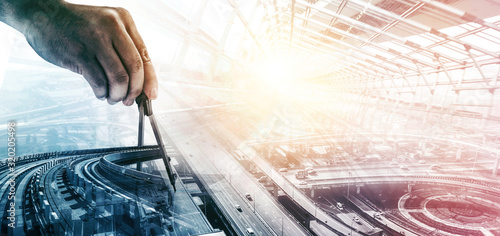 Tableau sur toile Future building construction engineering project concept with double exposure graphic design