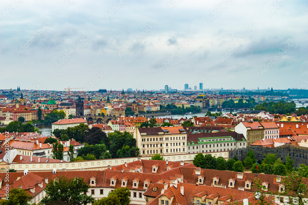 Prague cityscape as seen from Prague Castle. The photo is taken at a cloudy afternoon.
