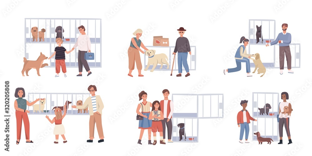 People adopting dog from pet shelter, vector illustration. Happy cartoon characters choose dog in animal care center. Guide dog for blind people, cute puppy for family with children. Animal shelter