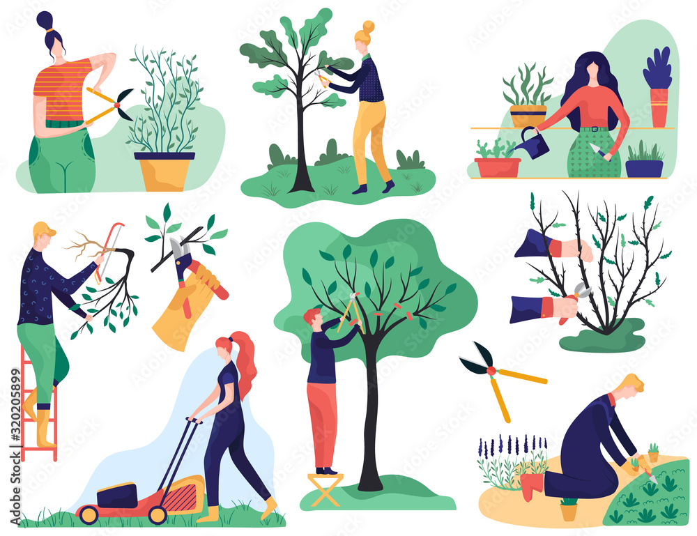 People gardening and cutting tree branches, cartoon characters vector  illustration. Set of stickers in flat style, men and women cultivating  plants in garden, orchard trees gardener and home greenery Stock Vector |
