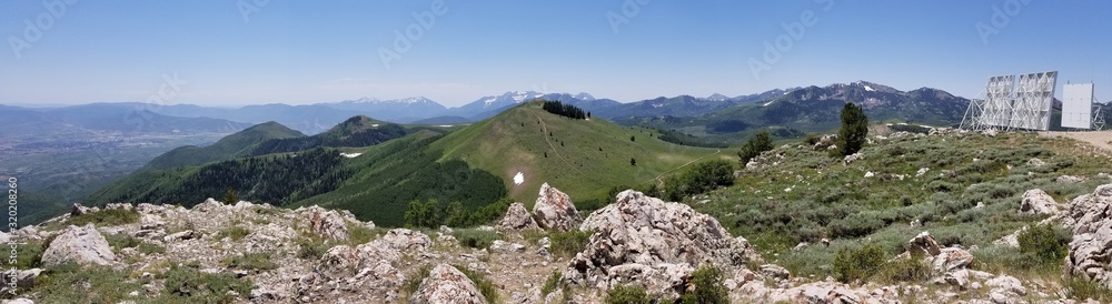 Panoramic view of the southern Wasatch Mountains, including Mt Timpanogos from the summit of Bald Mountain at Deer Valley, Utah.