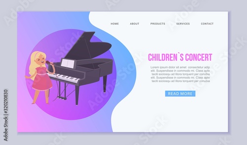 Girl sings songs concert on classical music performances with grand piano vector web template. Illustration of cartoon musical instruments and children concert. Young mucisian website. photo