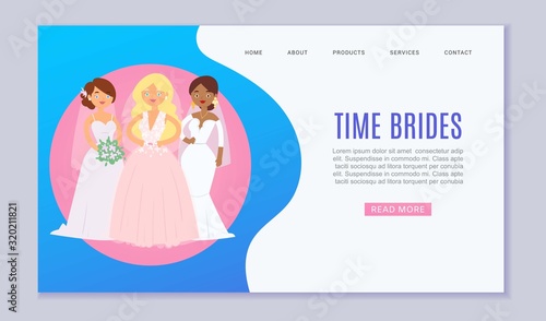 Wedding planning vector website template cartoon illustration. Wedding services, white dresses and ceremony for bride and groom. Website for newly wed or landing page.