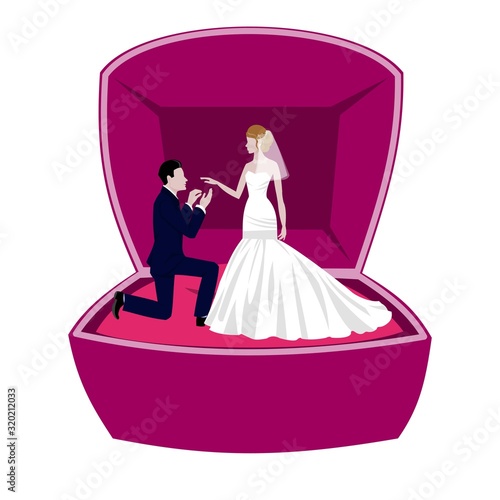 Wedding concept with bride and bridegroom in beautiful jewelery box cartoon vector illustration. Beautiful bride and groom. Marriage and wedding, fashion, style and beauty advertising poster.