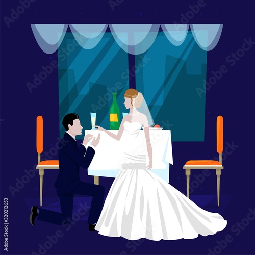 Wedding restaurant banquet hall cartoon vector illustration. Festive occasion, restaurant service for newly married couples bride and bridegroom. Restaurant hall interior. Catering for wedding party.
